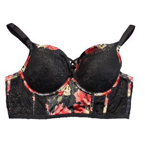 Torrid Curvy 40C Push Up Plunge Longline Bra Skull Floral Lace